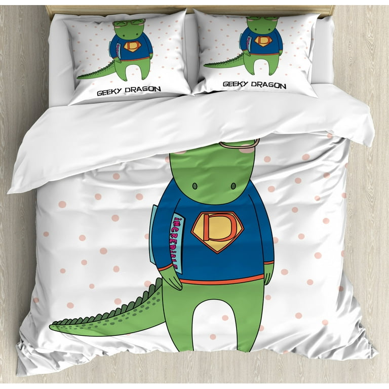 Geek King Size Duvet Cover Set Funny Dragon Character in Glasses and Sweatshirt Holding a Comic Book of Nerd Culture Decorative 3 Piece Bedding Set