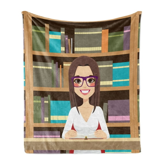 Geek Soft Flannel Fleece Blanket, Happy Student Girl in Library Studying Reading a Textbook Themed Digital Image Print, Cozy Plush for Indoor and Outdoor Use, 60" x 80", Multicolor, by Ambesonne