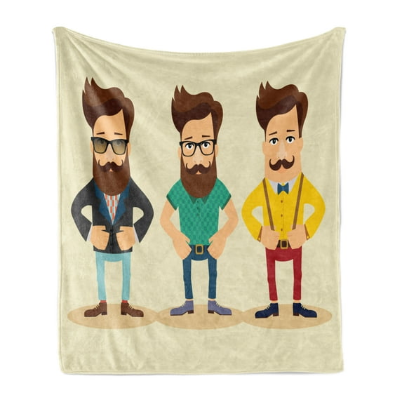 Geek Soft Flannel Fleece Blanket, Hipster Fashion Themed Cartoon Image of Men Wearing Pullovers Jackets and Suspenders, Cozy Plush for Indoor and Outdoor Use, 60" x 80", Multicolor, by Ambesonne
