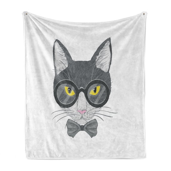 Geek Soft Flannel Fleece Throw Blanket, Hand-Drawn Cat Illustration in Greyscale Color with Glasses and Bowtie Image, Cozy Plush for Indoor and Outdoor Use, 50" x 60", Multicolor, by Ambesonne