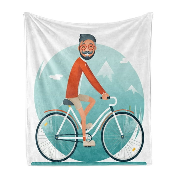 Geek Soft Flannel Fleece Throw Blanket, Geek Hipster Guy Riding a Vintage Bicycle and Travelling the World Carpe Diem Theme, Cozy Plush for Indoor and Outdoor Use, 50" x 70", Multicolor, by Ambesonne