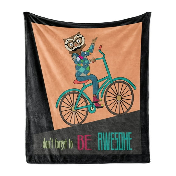 Geek Soft Flannel Fleece Throw Blanket, Words Dont Forget to Be and Hipster Owl Riding a Bike Pattern, Cozy Plush for Indoor and Outdoor Use, 60" x 80", Multicolor, by Ambesonne