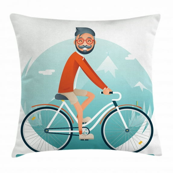 Geek Throw Pillow Cushion Cover, Geek Hipster Guy Riding a Vintage Bicycle and Travelling the World Carpe Diem Theme, Decorative Square Accent Pillow Case, 16 X 16 Inches, Multicolor, by Ambesonne