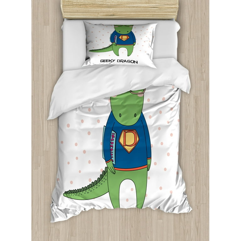 Geek Twin Size Duvet Cover Set Funny Dragon Character in Glasses