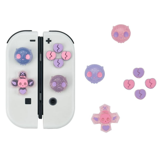 GeekShare Cross D-Pad Button Caps Thumb Grips ABXY Sticker for Nintendo Switch/OLED Pink Purple Skull