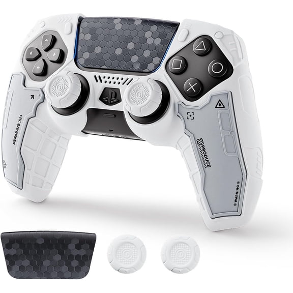 G.S.TAC PS5 Skin Silicone Protective Case + Thumb Grips + Stickers for PS5 Controller White