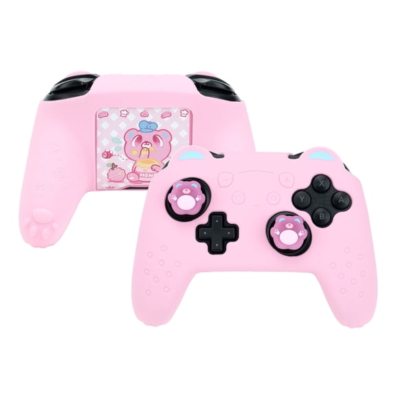 GeekShare Pink Bear Controller Skin Silicone Protective Cover for Switch Pro+Thumb Grips+Sticker