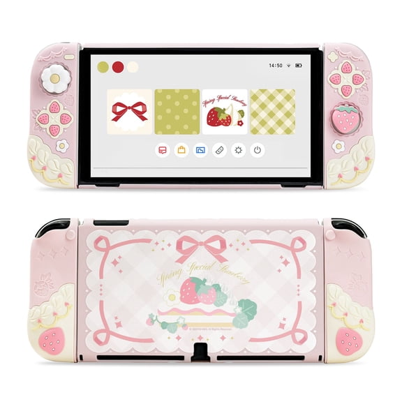 GeekShare Protective Case for Nintendo Switch OLED + Joycon Cover + Thumb Grip Caps Pink Strawberry