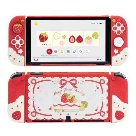 GeekShare Protective Case for Nintendo Switch OLED + Joycon Cover + Thumb Grip Caps Spring Strawberry