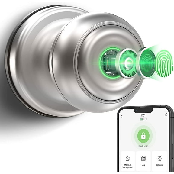 GeekTale Smart Fingerprint Door Lock Fingerprint Doorknob Entry Door Lock, Fingerprint Unlocking, Mobile App Unlocking, Key Unlocking for Home Hotel Office Apartment Bedroom Silver