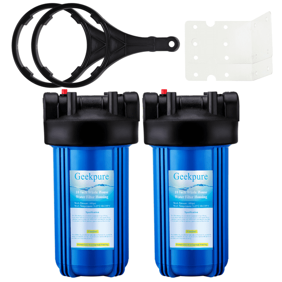 Geekpure 10-Inch Whole House Water Filter Housing 4.5"x10"1-Inch Port with Wrench and Bracket(Pack of 2)