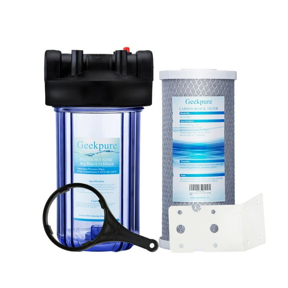 Geekpure 10 Inch Whole House Water Filtration System with Carbon Block Filter 10-Inch Big Clear Housing-1"NPT Inlet/Outlet - 4.5"x 10"