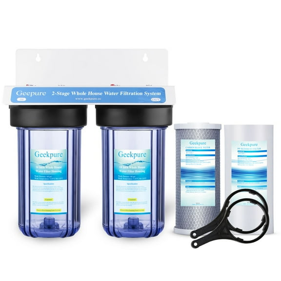 Geekpure 2 Stage Whole House Water Filter System with 10-Inch Big Clear Housing PP and Carbon Filters-1"NPT