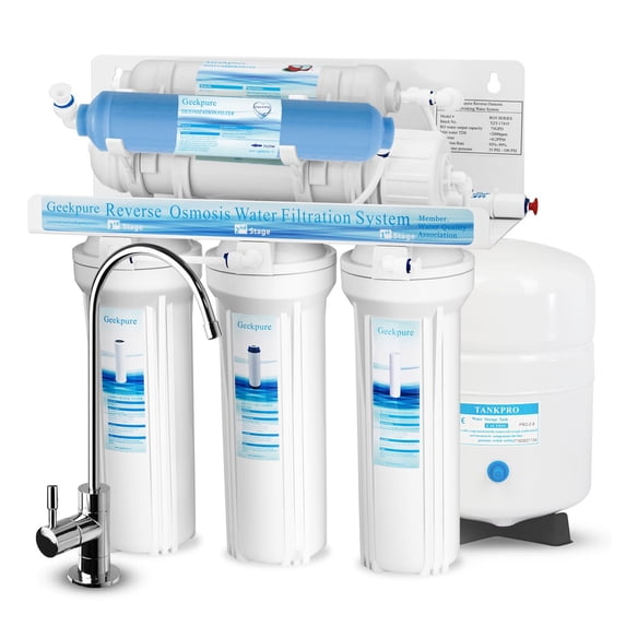 Geekpure 6 Stage Reverse Osmosis Water Filter System with Deionization Filter 75GPD, 14.2in x 6.2in x 18.1in