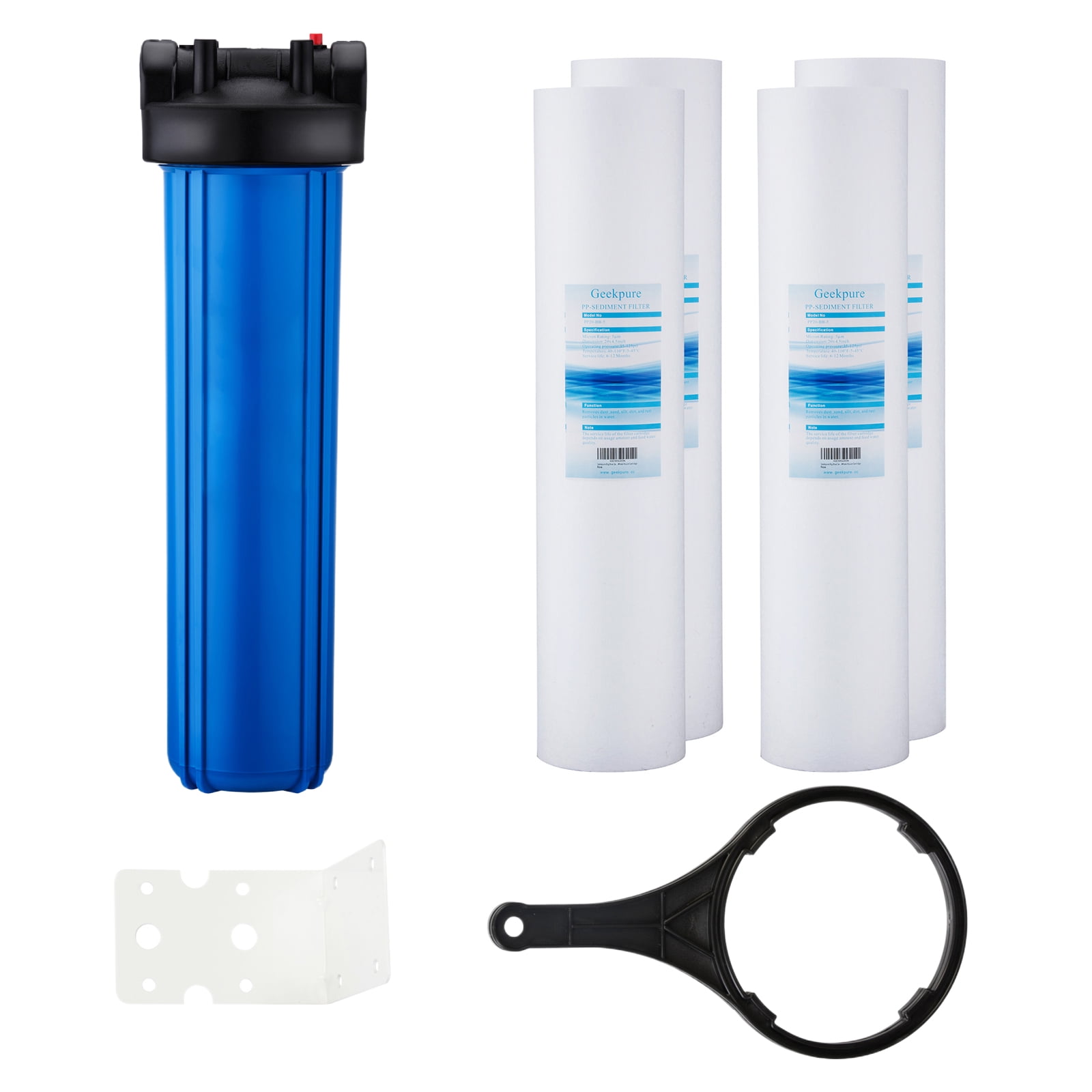 Geekpure Single Stage Whole House Water Filter System with 20-Inch Blue Housing-1"Port with 4 Pieces PP Filter