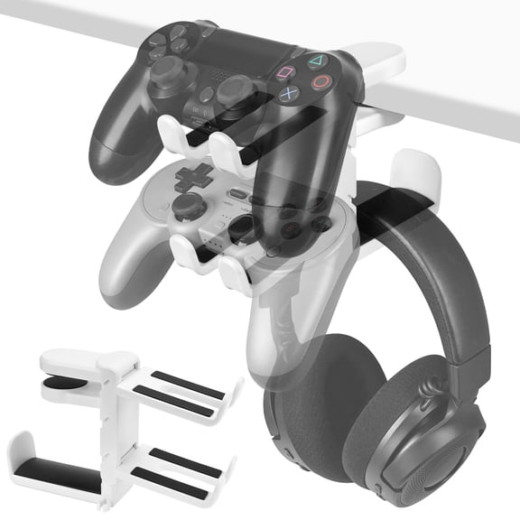 Geekria 3-in-1 PC Gaming Headset&Controller Holder, Under-Desk Headphone Stand Mount Holder with 360 Rotation Adjustable, Compatible with Boses, S0NY, AKG, JBL, Sennheiser, B&O (White)