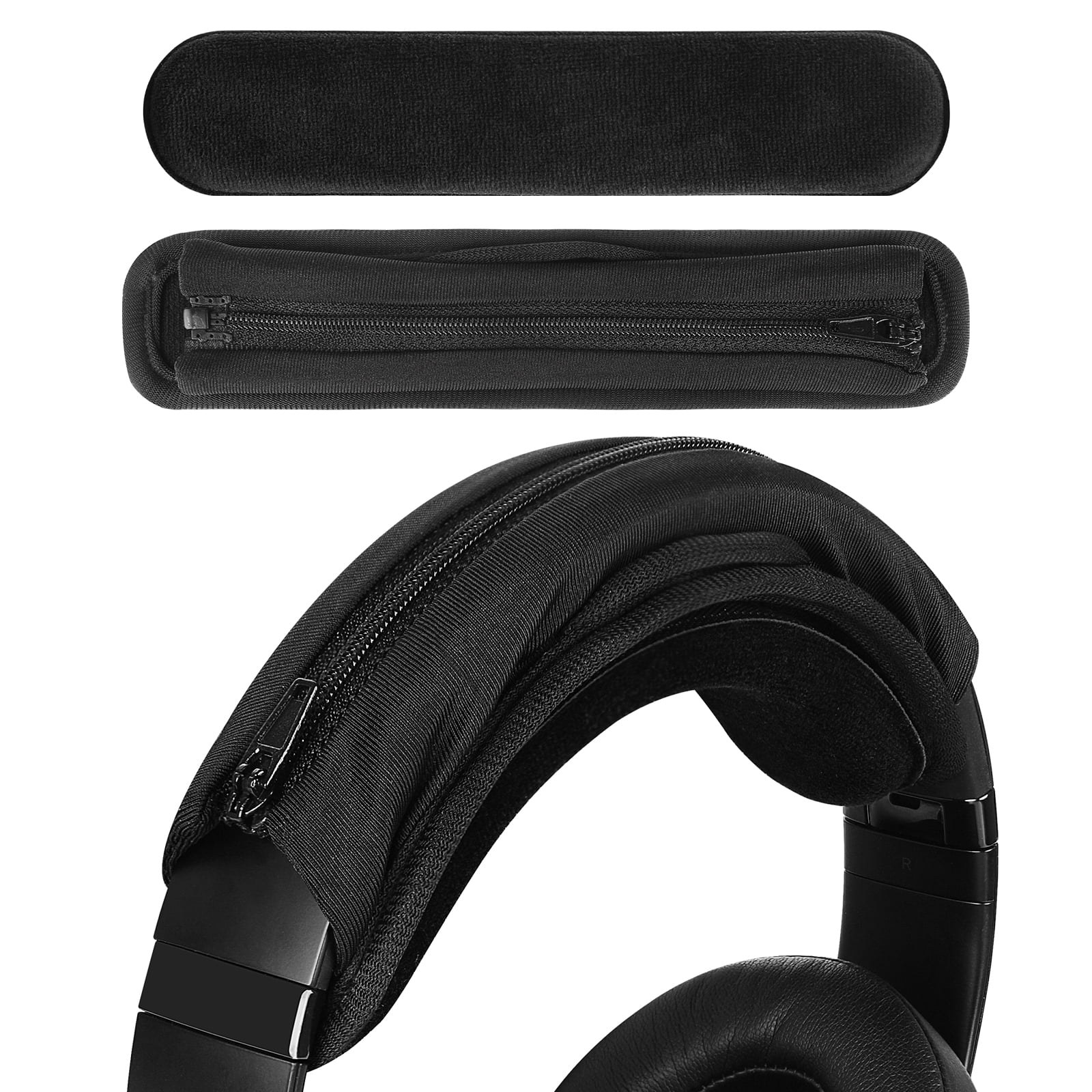 Geekria Medium Velour Hook and Loop Headband Cover + Pad Set Protector No Tool Needed Compatible with Medium Sized Headphones, Easy DIY Installation (Black)