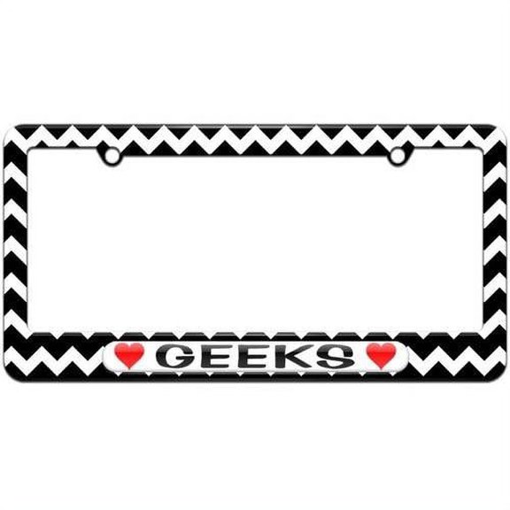 Geeks Love with Hearts License Plate Tag Frame, Black Chevrons Design