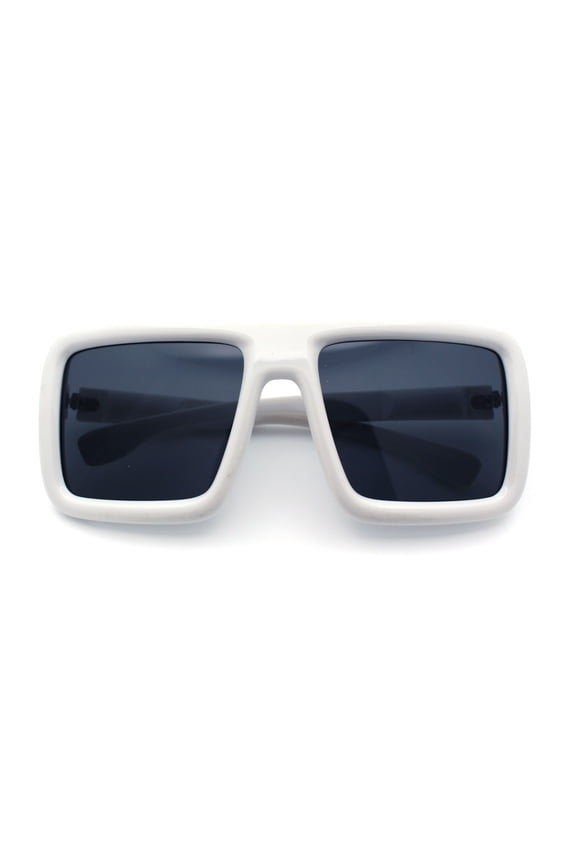 Geeky Bubble Frame Nerdy Thick Flat Top Oversized Rectangle Plastic Sunglasses White - Black