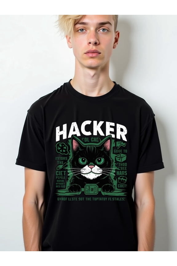 Geeky Cat Hacker Tee Mens round neck T-shirt black funny elegant Stylish summer outerwear Hip-hop streetwear Fashion Unisex Shirt Graphic tshirts