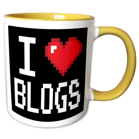 3drose, Geeky Old School Pixelated Pixels 8-bit I Heart I Love Blogs, 11oz Two-tone Yellow Mug