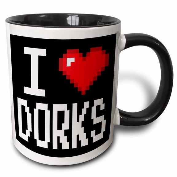 3drose, Geeky Old School Pixelated Pixels 8-bit I Heart I Love Dorks, 15oz Two-tone Black Mug