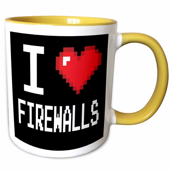 3drose, Geeky Old School Pixelated Pixels 8-bit I Heart I Love Firewalls, 11oz Two-tone Yellow Mug