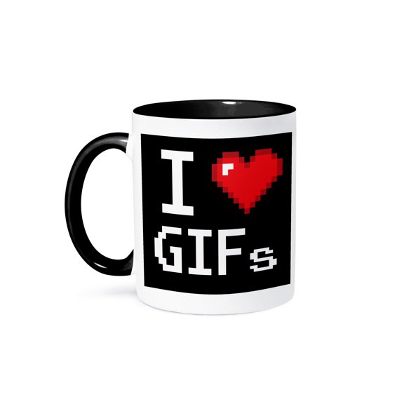 Geeky Old School Pixelated Pixels 8-Bit I Heart I Love Gifs, 15oz Two-Tone Black Mug