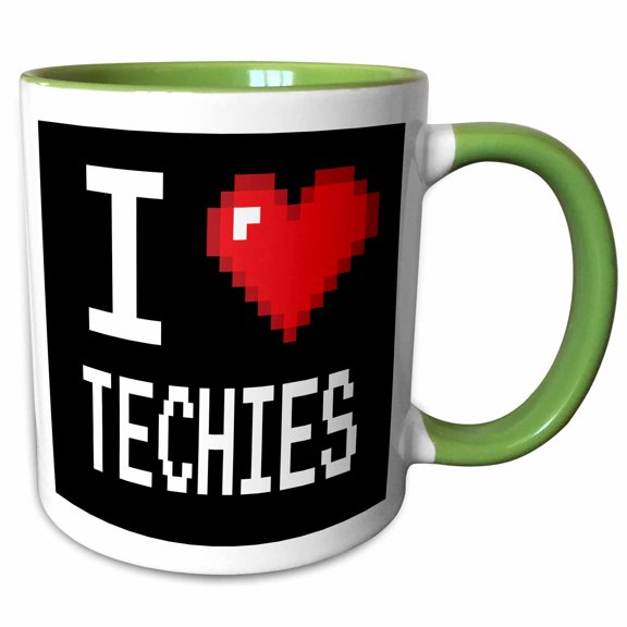 3drose, Geeky Old School Pixelated Pixels 8-bit I Heart I Love Techies, 11oz Two-tone Green Mug