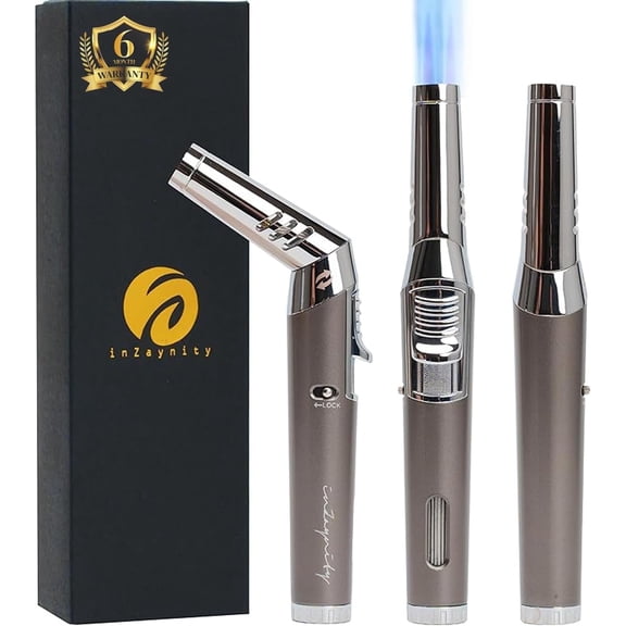 inZaynity Pen Torch Lighter - Windproof Jet Flame, Tiltable Head & Refillable Butane Torch with Adjustable Flame - Compact & Portable Lighters for Candle, Cooking, BBQ, Camping & DIY - Grey