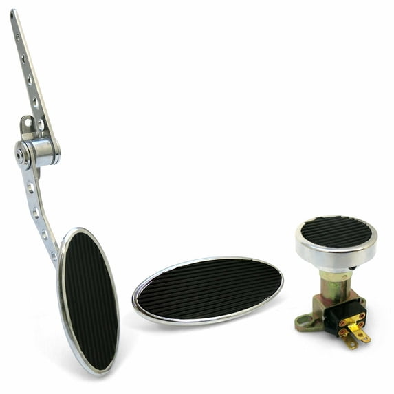 Geelife Oval Firewall Mnt Gas Pedal, Lg Oval Brake Pad and Dimmer Pad Chromed Billet