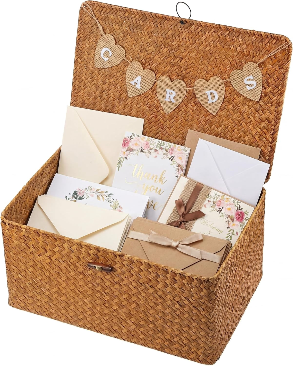 Geelin Sea Grass Wedding Card Basket With Letter Flag Decorative Wedding Card Woven Post Box Suitable For Baby Showers Birthdays Graduation Ceremonies Bridal Showers(Natural Color,14 Inch)