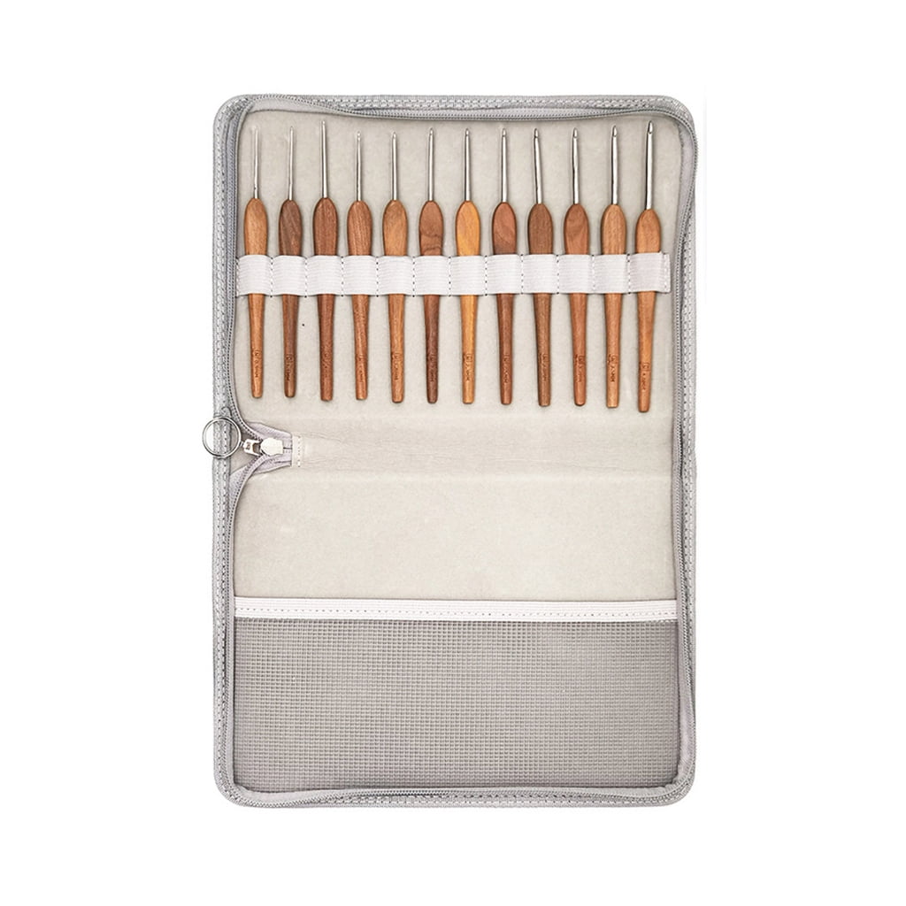 Geemin 12Pcs Ergonomic Crochet Hook for Beginner Crochet Weaving Crocheting Wood Handle Crochet Hook Needle 0.9mm-4.0mm