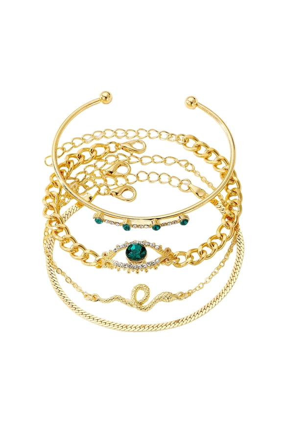 4Pieces Round Green Zircon Snake Style Wrist Chain Simple Metal Bracelets Statement Open Cuff Bangles for Women Ladies