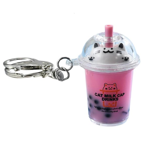 Geemin Cat Bubble Tea Pendant Keychain Acrylic Milk Tea Keyring for Kids Bag Decoration