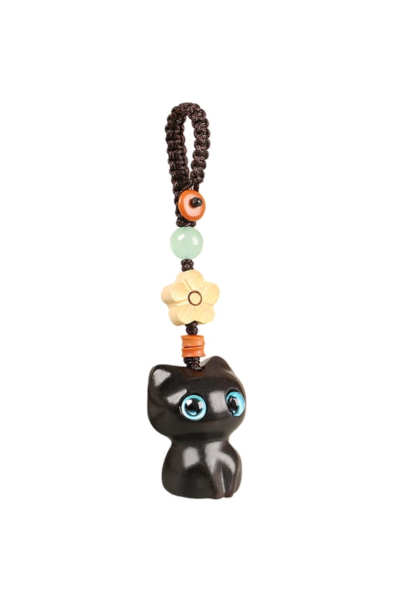Hand Woven Keychain Wood Engraved Cat Pendant Keychain for Car Keys Backpack Handbag Bag Purse Keyring Accessories