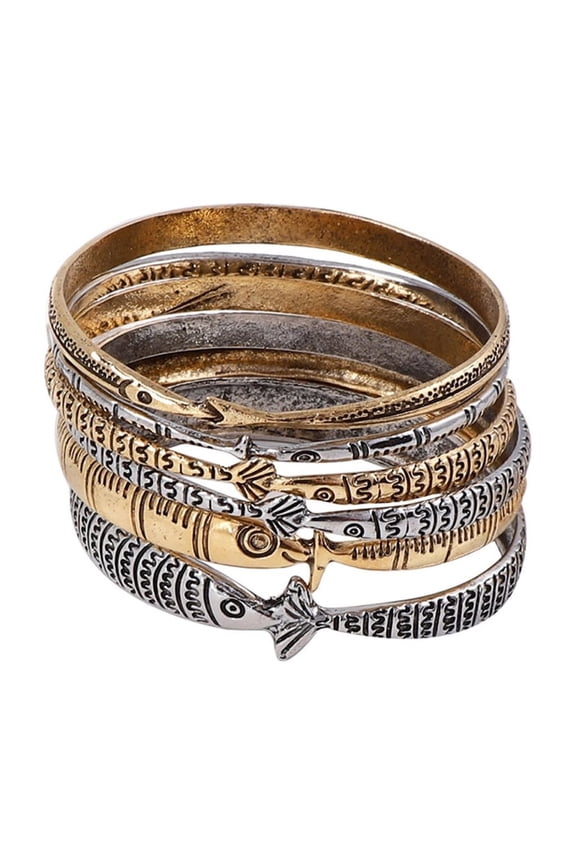 Pack of 6 Stackable Fish Charm Bracelets Multilayer Alloy Jewelry with Marine Theme Vintage Styling for Ladies