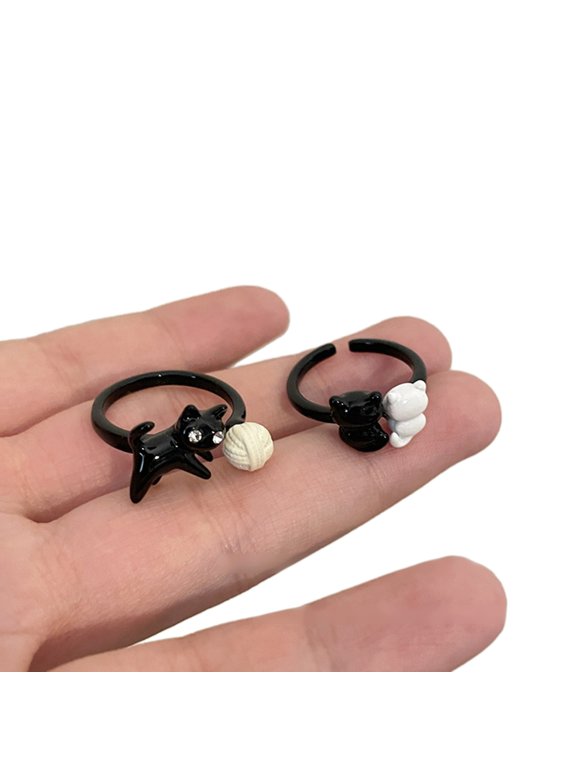 Set of 2 Black Cat Open Rings Women Fashion Couple Rings Wedding Finger Accessories Jewelry Female Aesthetic Finger Rings