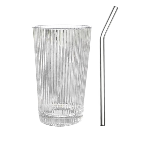Geemin Striped Glass Cup with Straw Drinking Mugs Coffee Drinkware Whiskey Glasses
