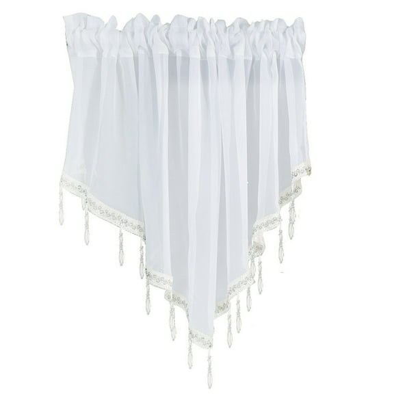 Geemin Tulle for Triangle Valance with Hanging Crystal Beads Trim Pendant Sheer Lace Panels Drape Rod Pocket Short Window Curta