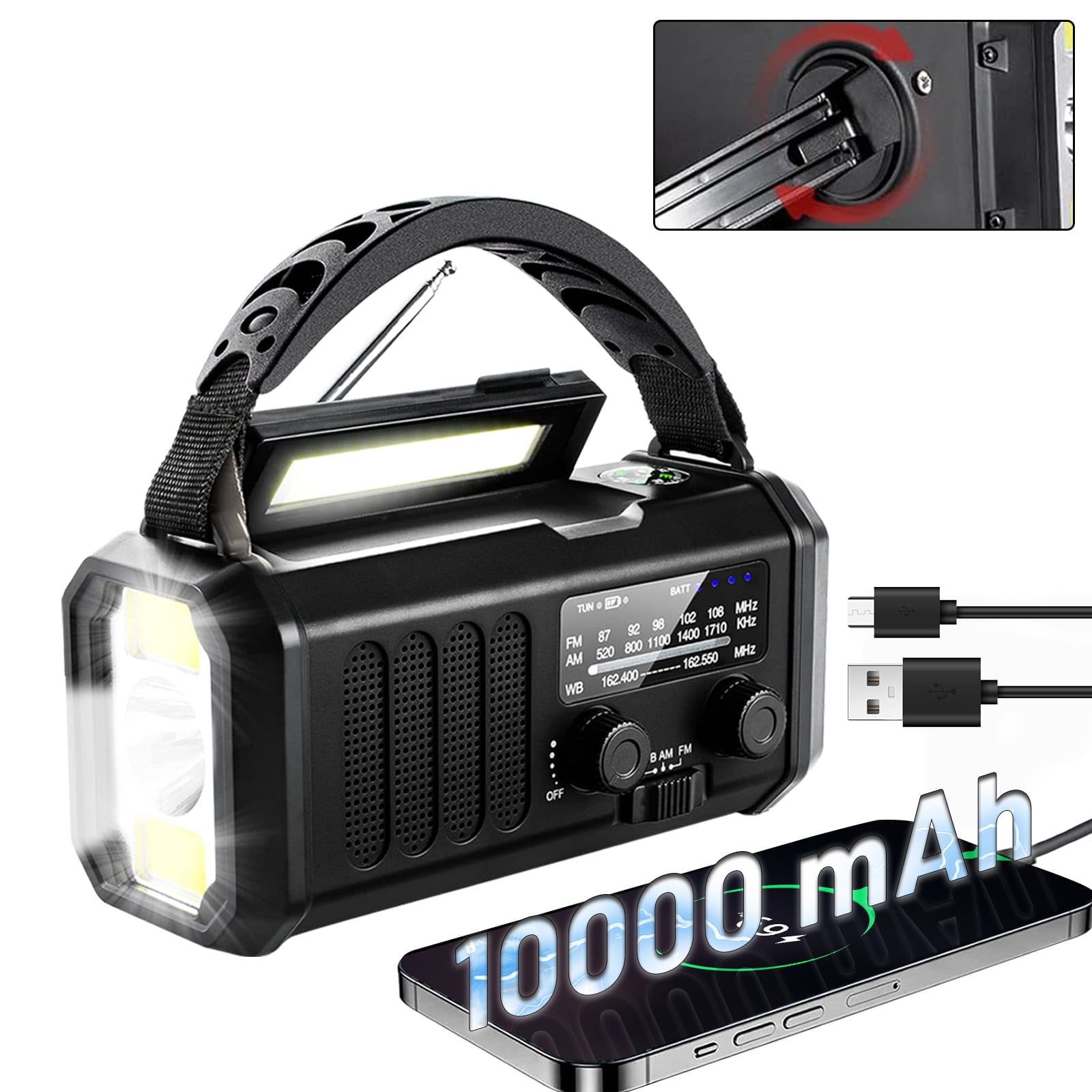 Geemuslly 10000mAh Hand Crank Emergency Radio,NOAA/AM/FM Weather Radio with Type-C Charge, Solar Charging, SOS, 3 Modes LED Torch, Reading Lamp, Compass for Camping, for Indoor Outdoor Emergencies