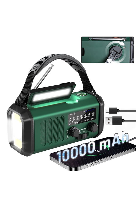 10000mAh Hand Crank Emergency Radio,NOAA/AM/FM Weather Radio with Type-C Charge, Solar Charging, SOS, 3 Modes LED Torch, Reading Lamp, Compass for Camping, for Indoor Outdoor Emergencies