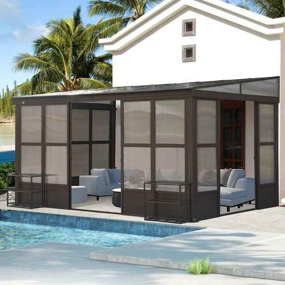 Geemuslly 10x14FT All-Season Wall-Mounted Sunroom Kit, Aluminum Lean-to Gazebo with Galvanized Steel Roof, 2 Lockable Sliding Doors, Removable PVC Screen for Patio or Backyard, Dark Brown