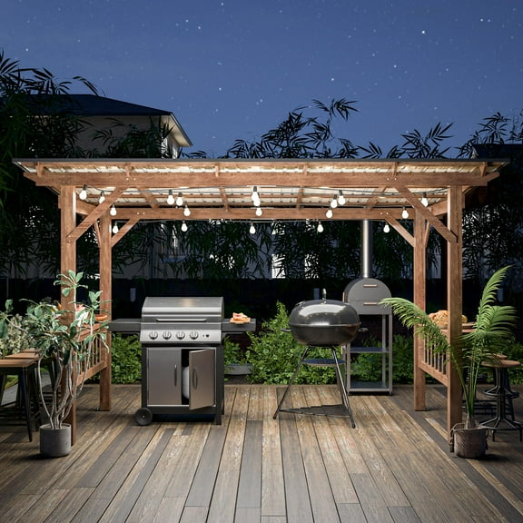 Geemuslly 13' x 6.5' Hardtop Grill Gazebo with Galvanized Steel Roof, 2 Side Shelves & LED Light, Outdoor BBQ Pergola Canopy for Patio, Garden, Lawn, Backyard