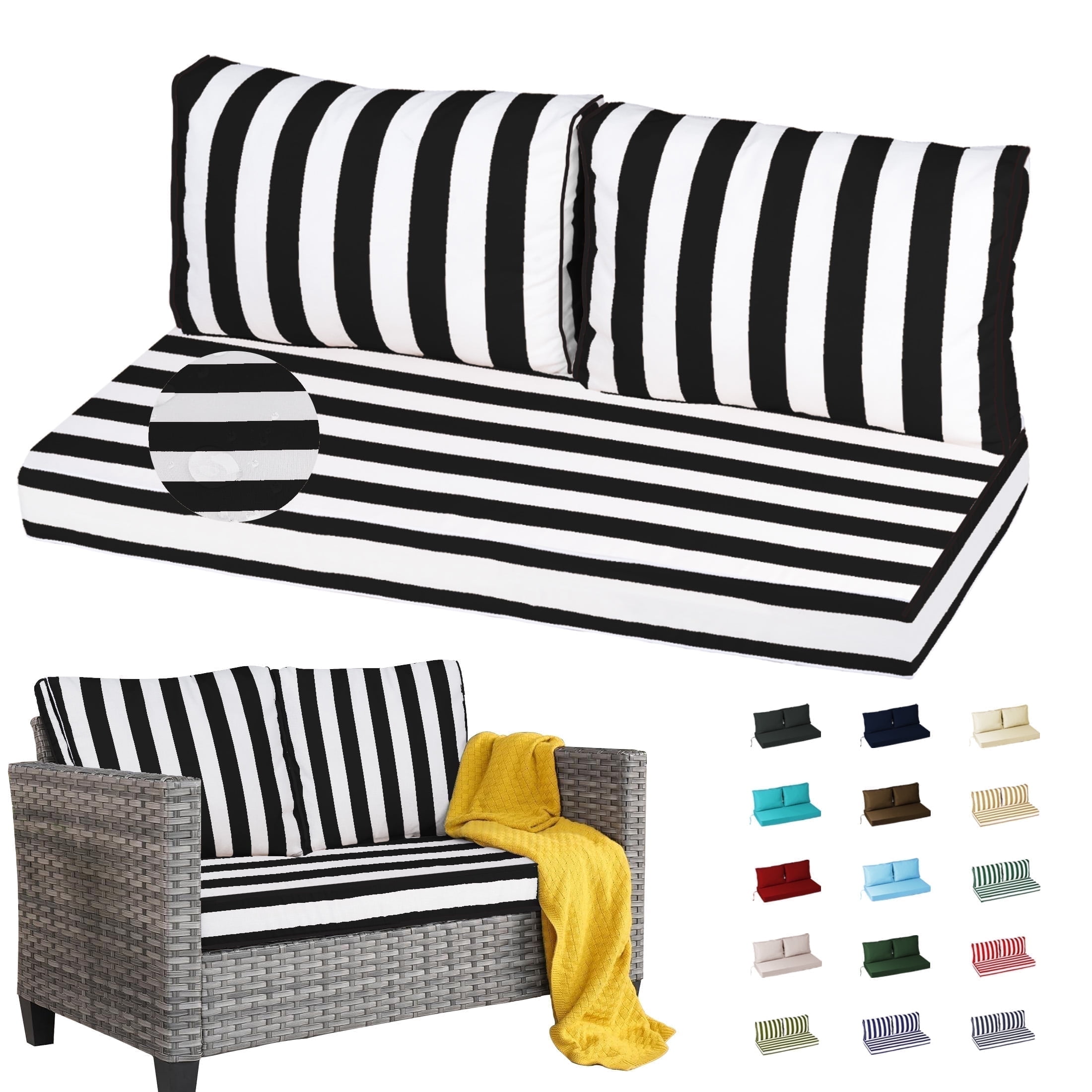 Geemuslly 48 x 24 Outdoor Loveseat Cushion Set, Waterproof & Fade-Resistant Patio Replacement Cushions for Sofa, Bench, or Swing – Thick Seat & Backrest Support,Black & White Stripes