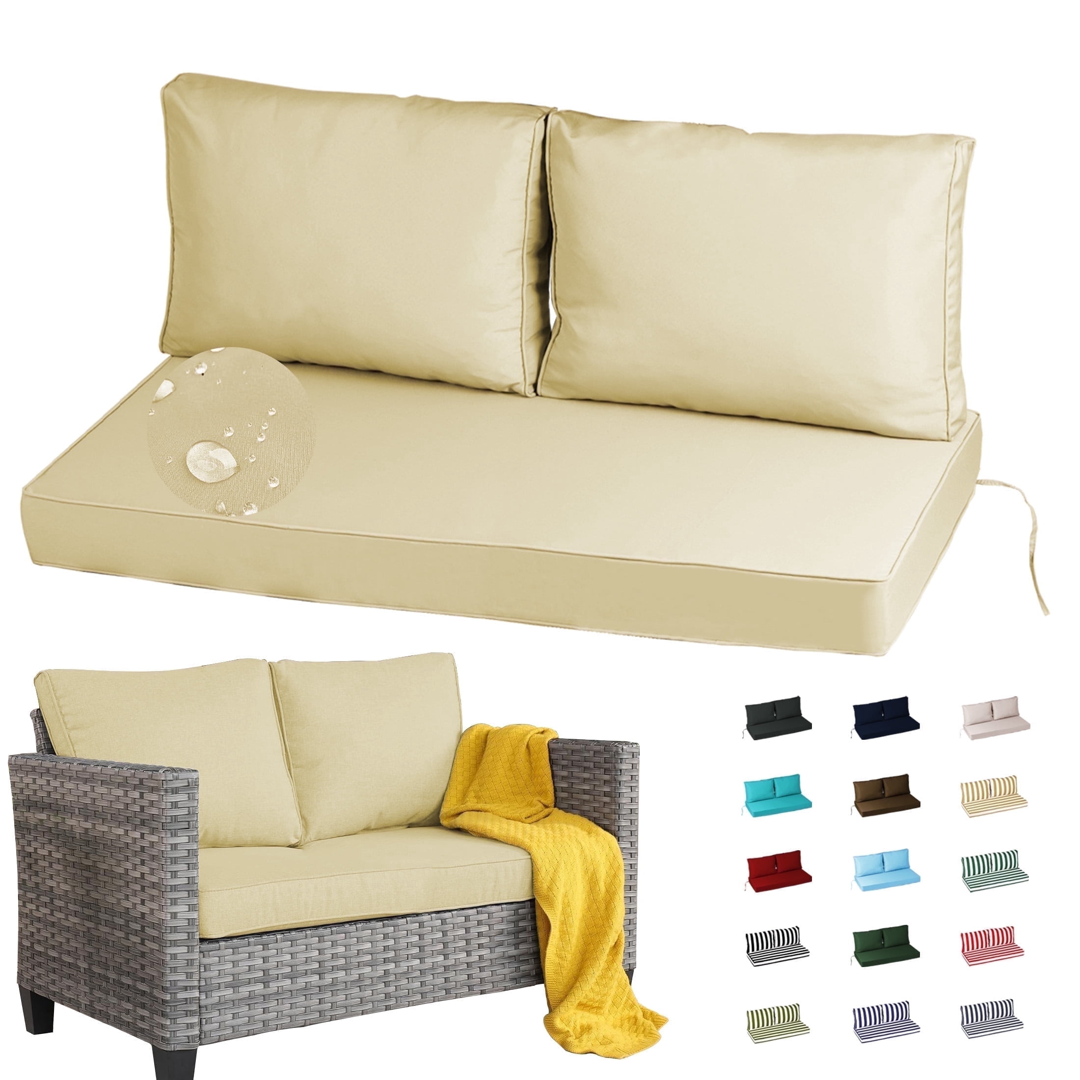 Geemuslly 48 x 24 Outdoor Loveseat Cushion Set, Waterproof & Fade-Resistant Patio Replacement Cushions for Sofa, Bench, or Swing – Thick Seat & Backrest Support,Beige