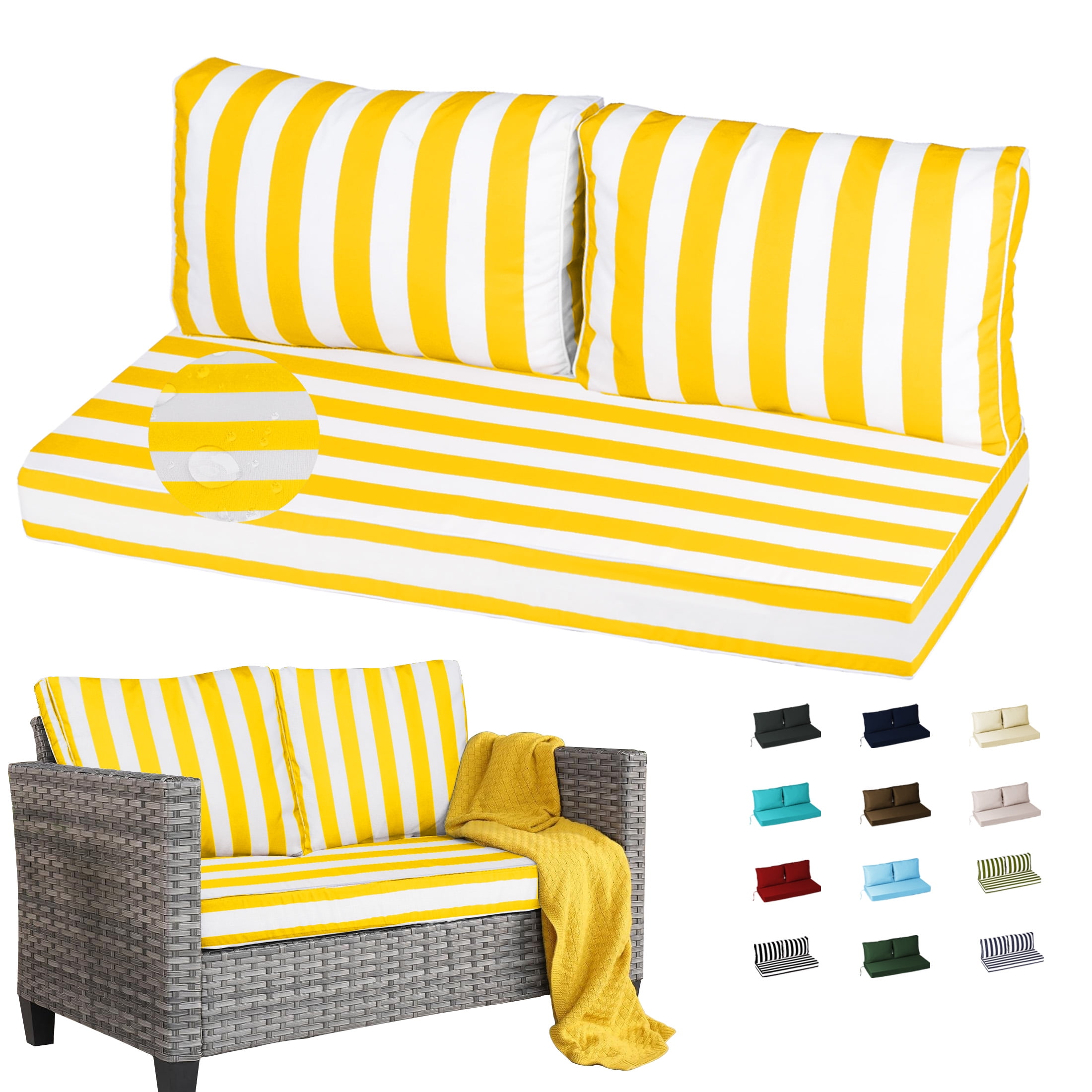 Geemuslly 48 x 24 Outdoor Loveseat Cushion Set, Waterproof & Fade-Resistant Patio Replacement Cushions for Sofa, Bench, or Swing – Thick Seat & Backrest Support,Bright Yellow & White Stripes
