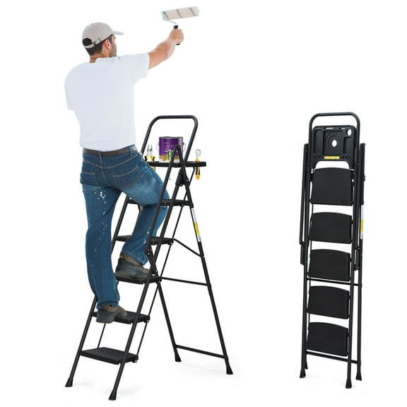 Geemuslly 5-Step Folding Step Stool Ladder with Handrails & Tool Tray, Safety Non-Slip Pedals for Adults, Portable for Home & Office Use, 330 lbs Capacity