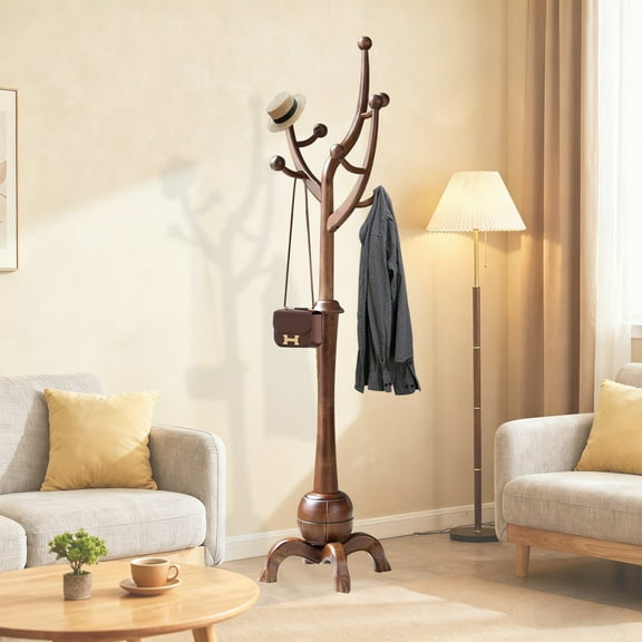 Geemuslly Coat Rack Freestanding Wood Coat Tree Rack with 8 Hooks, Creative Design Tree Branch-look, Standing Coat Rack Clothes Hanger Stand with Stury Base for Entryway, Hallway, Bedroom, Walnut