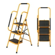 Geemuslly Folding 3 Step Ladder with Handrail, 500 lbs Heavy Duty Steel Step Stool with Wide Anti-Slip Pedals & Safety Handle, Portable Multi-Purpose Ladder for Home, Kitchen, Office, Yellow